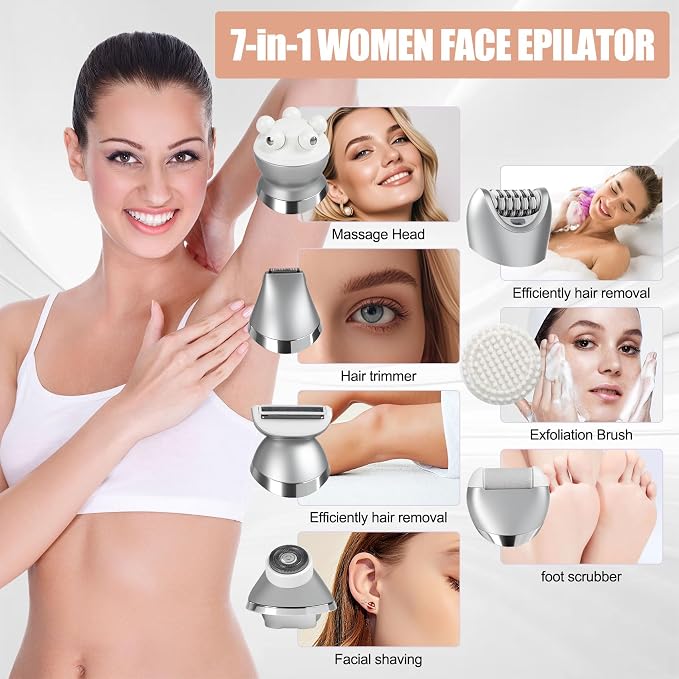 7-in-1 Lady Care Kit 727 Rechargeable Epilator & Shaver for Women – Facial Hair Remover, Bikini Trimmer, Cleansing Brush, Callus Remover & Massage Device