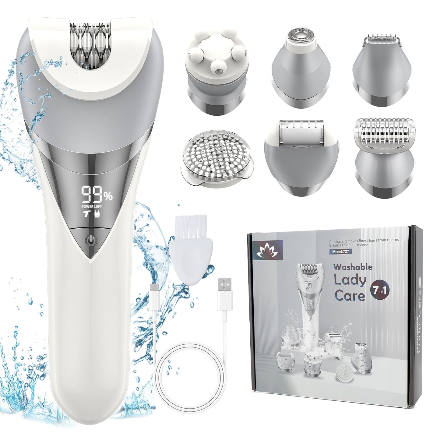 7-in-1 Lady Care Kit 727 Rechargeable Epilator & Shaver for Women – Facial Hair Remover, Bikini Trimmer, Cleansing Brush, Callus Remover & Massage Device