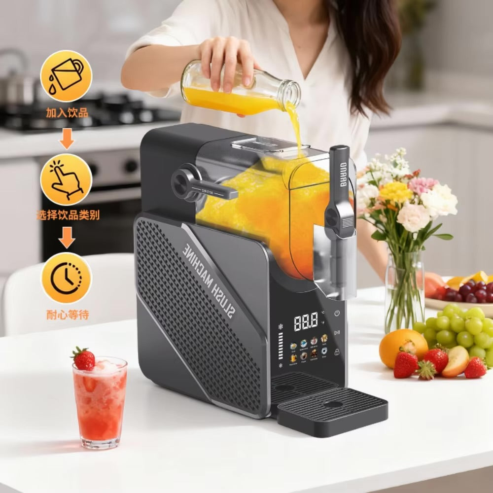 Slush machine filled with frozen drink mixture