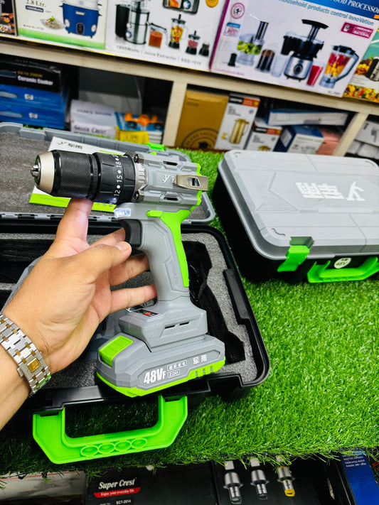 Close-up of cordless drill machine grip and trigger