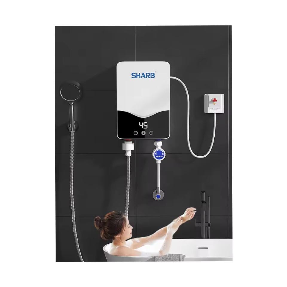 SHARB Electric Tankless Water Heater, 3000W 110V, Wall-Mounted Instant Hot Water System, Digital Display, White ABS Housing