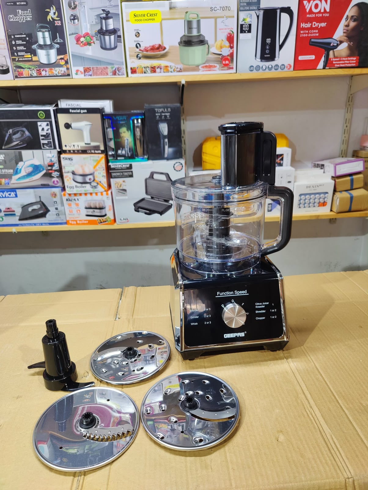 Geepas Heavy Duty 9 in 1 Food Chopper Model (46024 & 46025 ) 1000W Full Copper Motor 3L Food Processor with Blender, Citrus Juicer, Slicer, Grater & Shredder | Stainless Steel Body | 3 Speed + Pulse Control