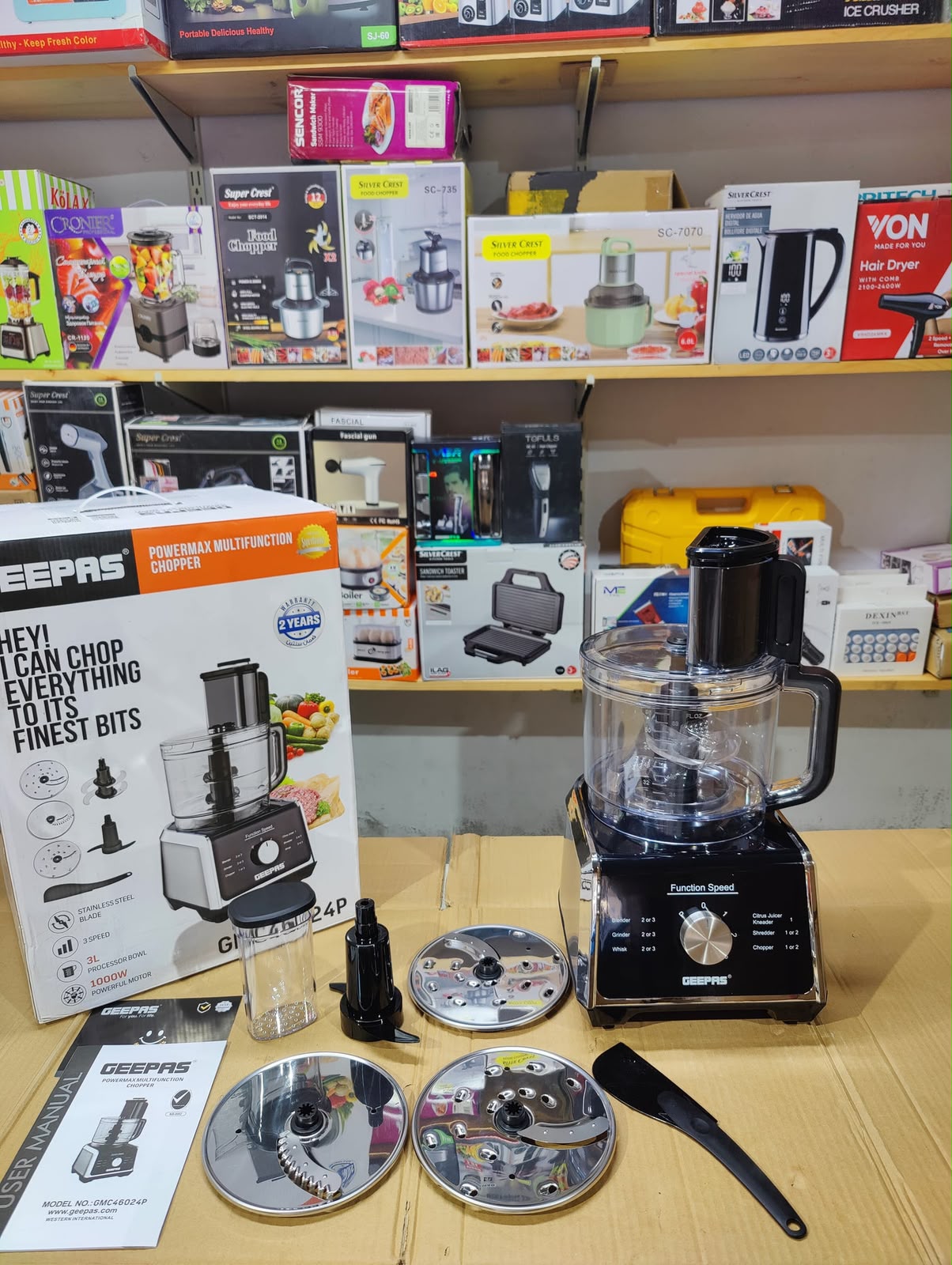 Geepas Heavy Duty 9 in 1 Food Chopper Model (46024 & 46025 ) 1000W Full Copper Motor 3L Food Processor with Blender, Citrus Juicer, Slicer, Grater & Shredder | Stainless Steel Body | 3 Speed + Pulse Control